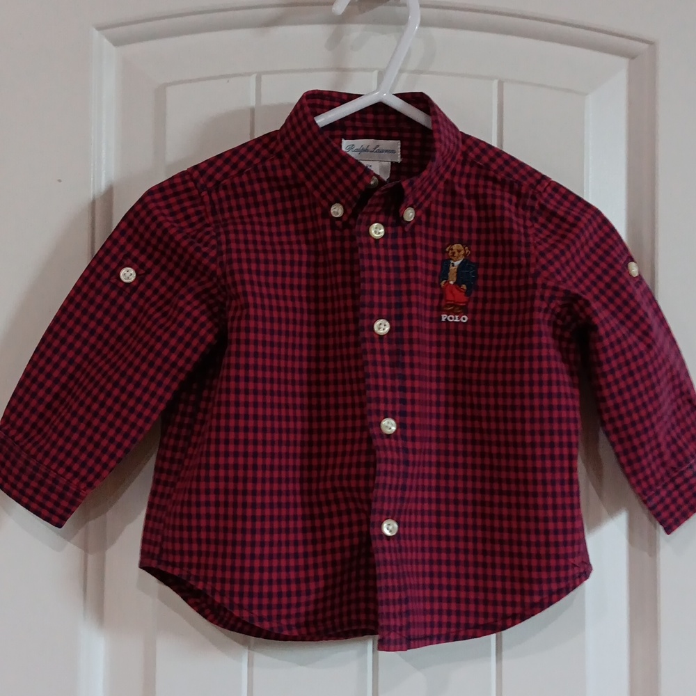 Ralph Lauren Baby Blue Label Dapper Polo Bear Roll Button Red Plaid Shirt 6mo
